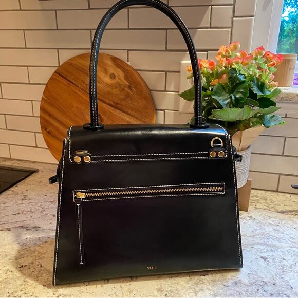 Vasic $350+ Large Bee Black Handle Leather Shoulder Bag - Picture 3 of 16